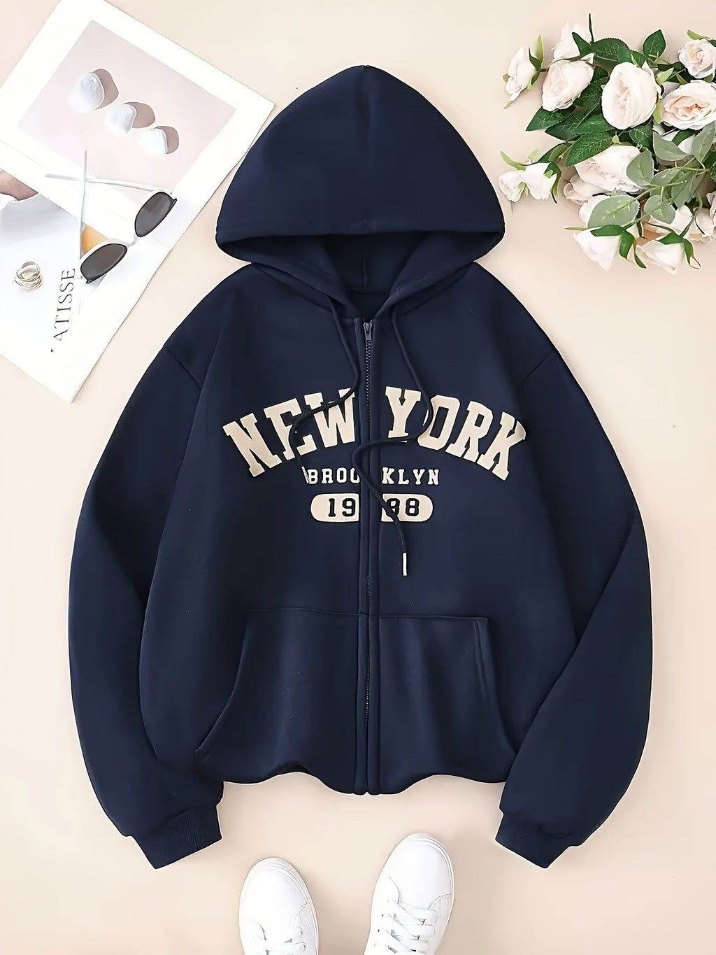 Women's Casual Fleece-Lined Hooded Zip-Up Sweatshirt - New York 1986 Graphic Print, Black with White Lettering, Machine Washable Winter Warmth for Fall & Winter   OAXG Black / S