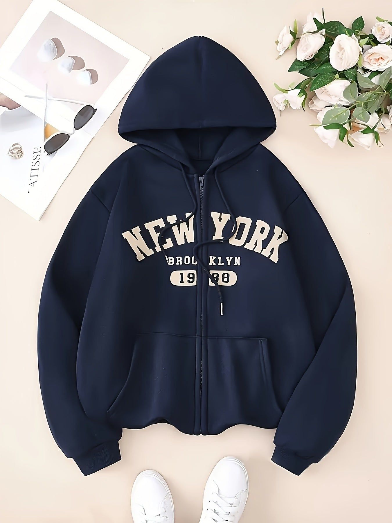 Women's Casual Fleece-Lined Hooded Zip-Up Sweatshirt - New York 1986 Graphic Print, Black with White Lettering, Machine Washable Winter Warmth for Fall & Winter   OAXG Black / S