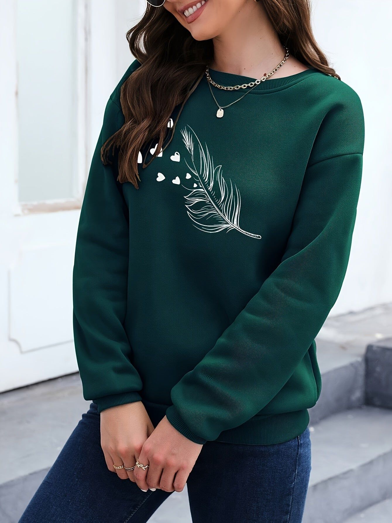 Women's Casual Fleece-Lined Hoodie - Long Sleeve Round Neck Top   OAXG Dark Green / XS