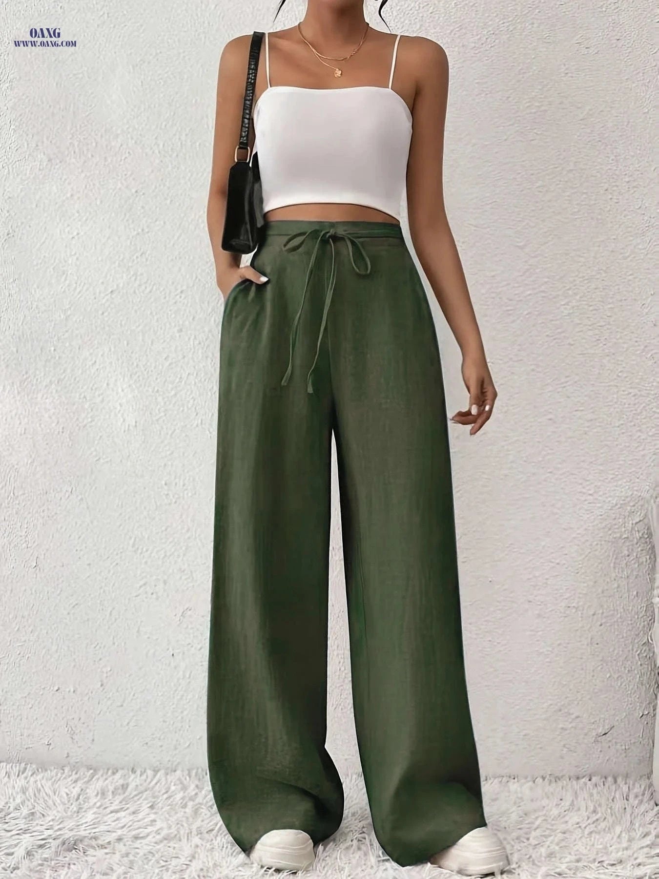 Women's Casual French-Style Wide Leg Pants - Comfortable with Pockets   OAXG Army Green / M
