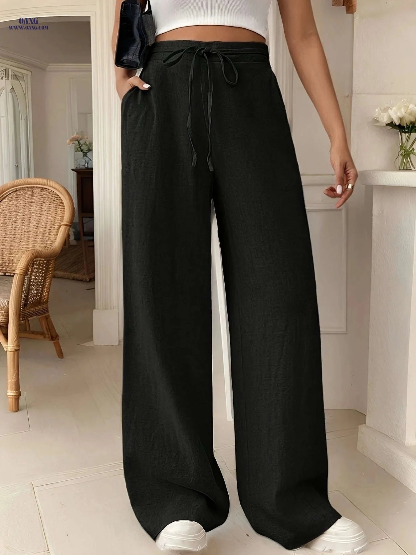 Women's Casual French-Style Wide Leg Pants - Comfortable with Pockets   OAXG 