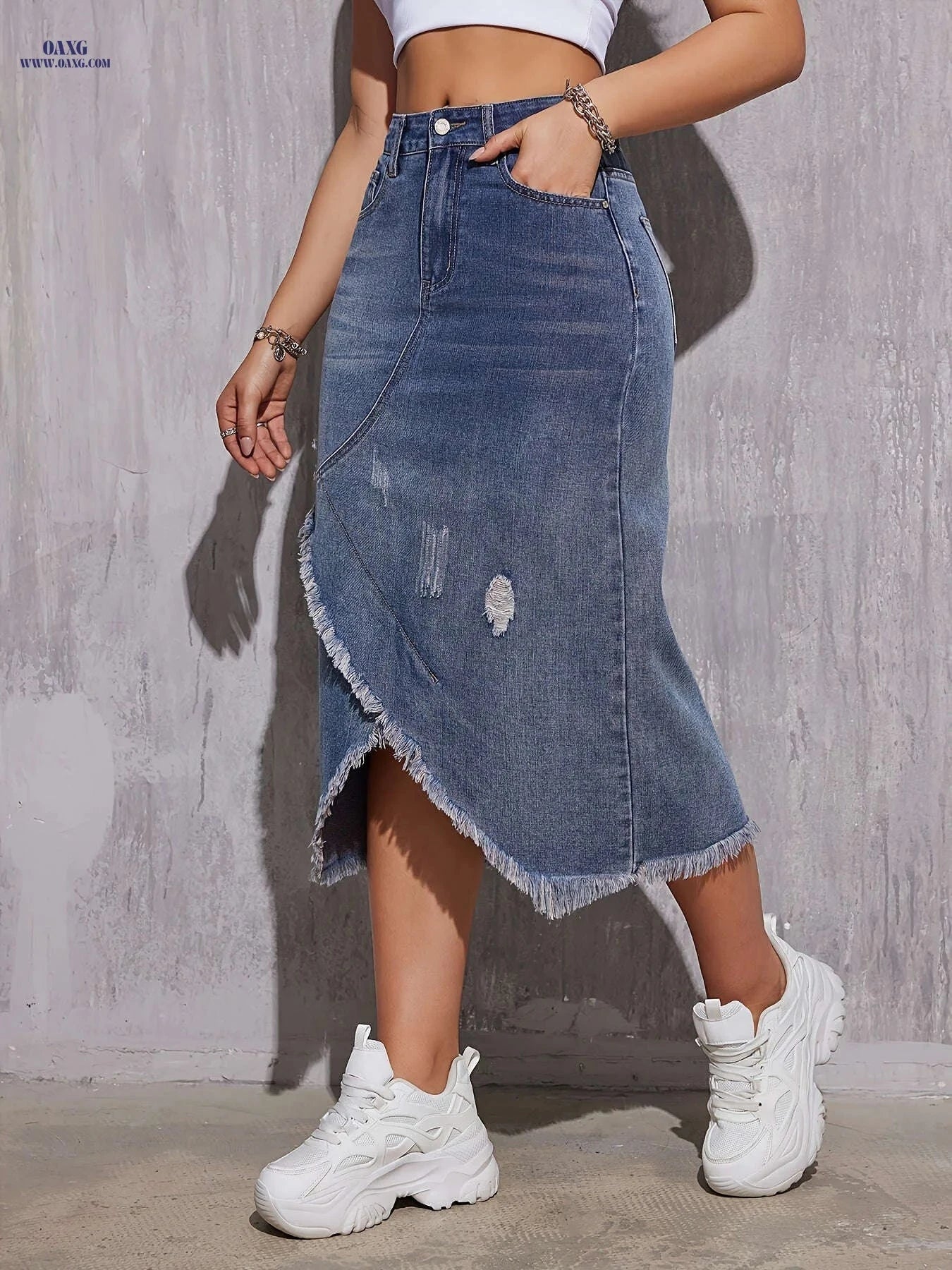 Women's Casual Fringe Denim Skirt - Elegant Solid Color Design   OAXG Medium Blue / S