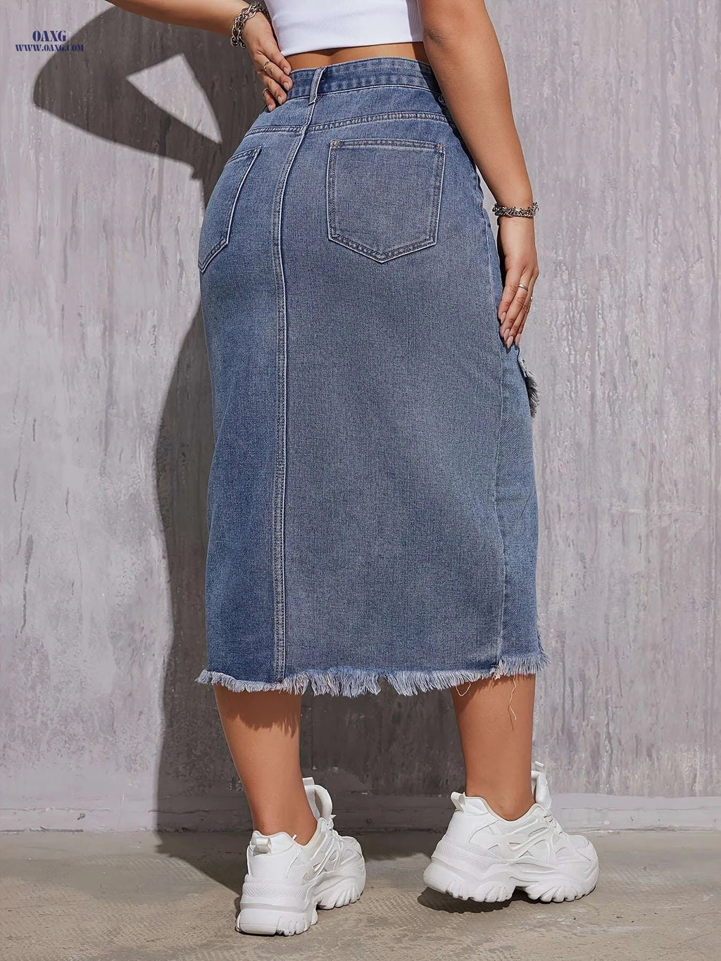 Women's Casual Fringe Denim Skirt - Elegant Solid Color Design   OAXG Medium Blue / S