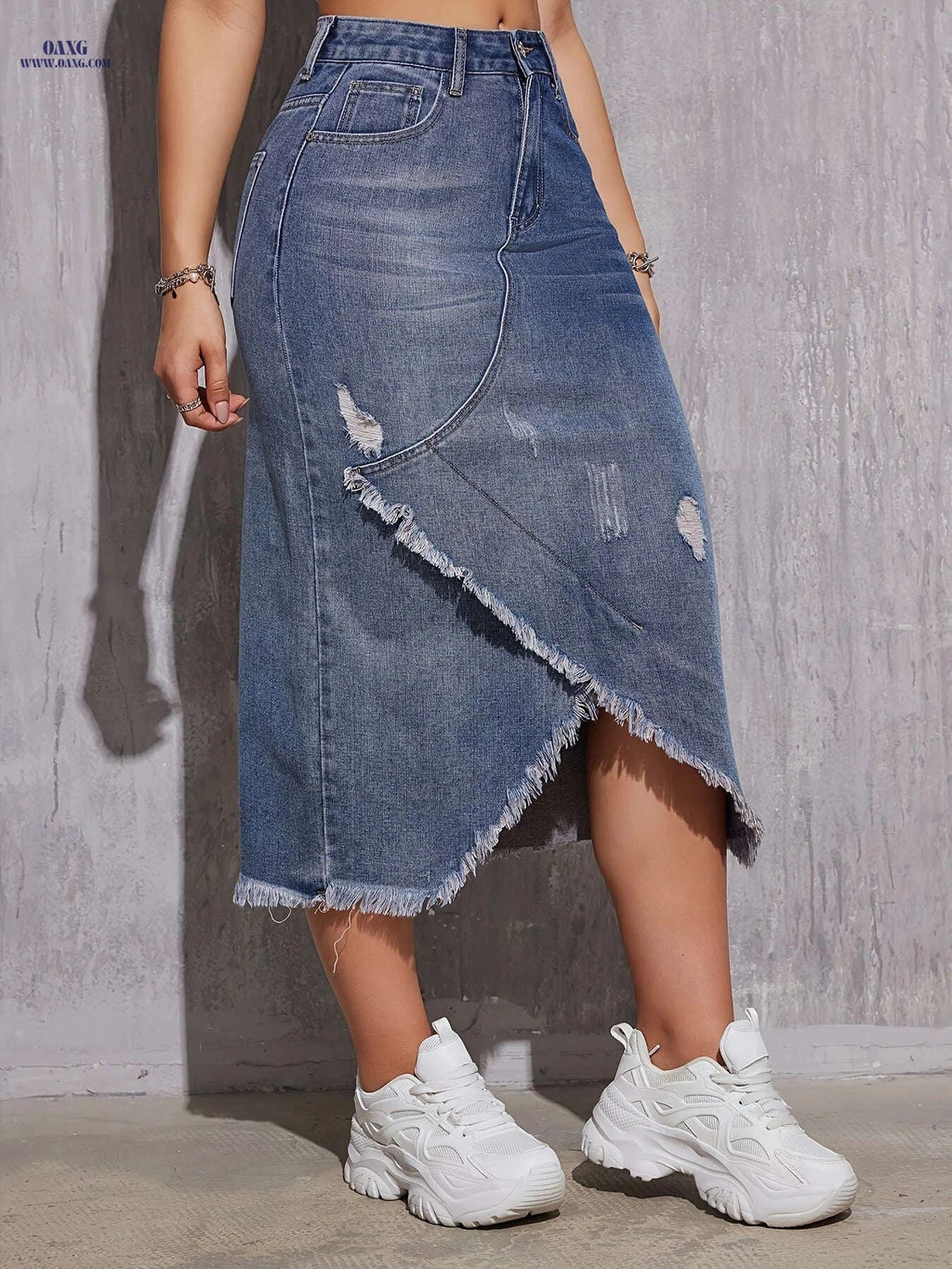 Women's Casual Fringe Denim Skirt - Elegant Solid Color Design   OAXG Medium Blue / S