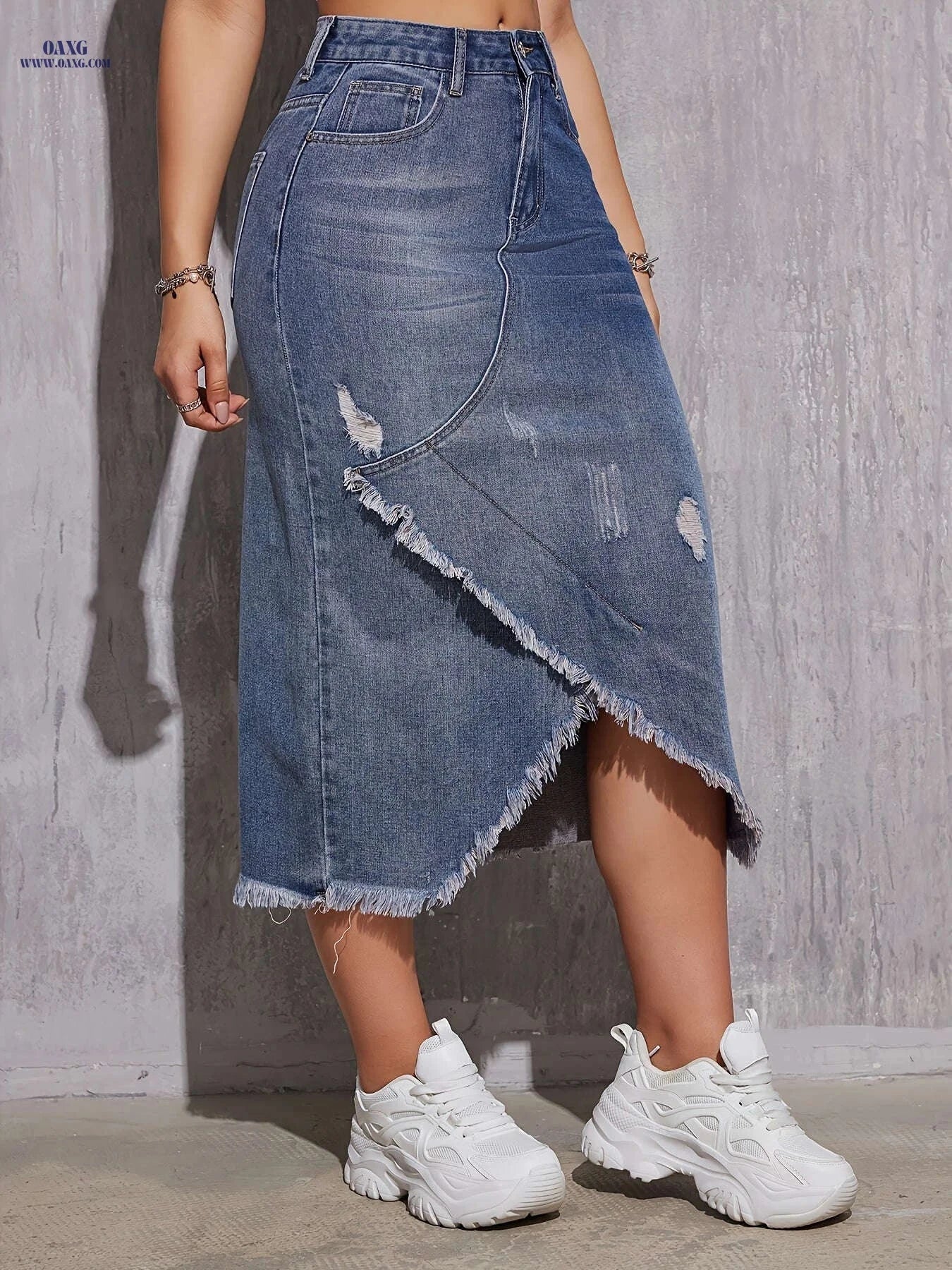 Women's Casual Fringe Denim Skirt - Elegant Solid Color Design   OAXG Medium Blue / S