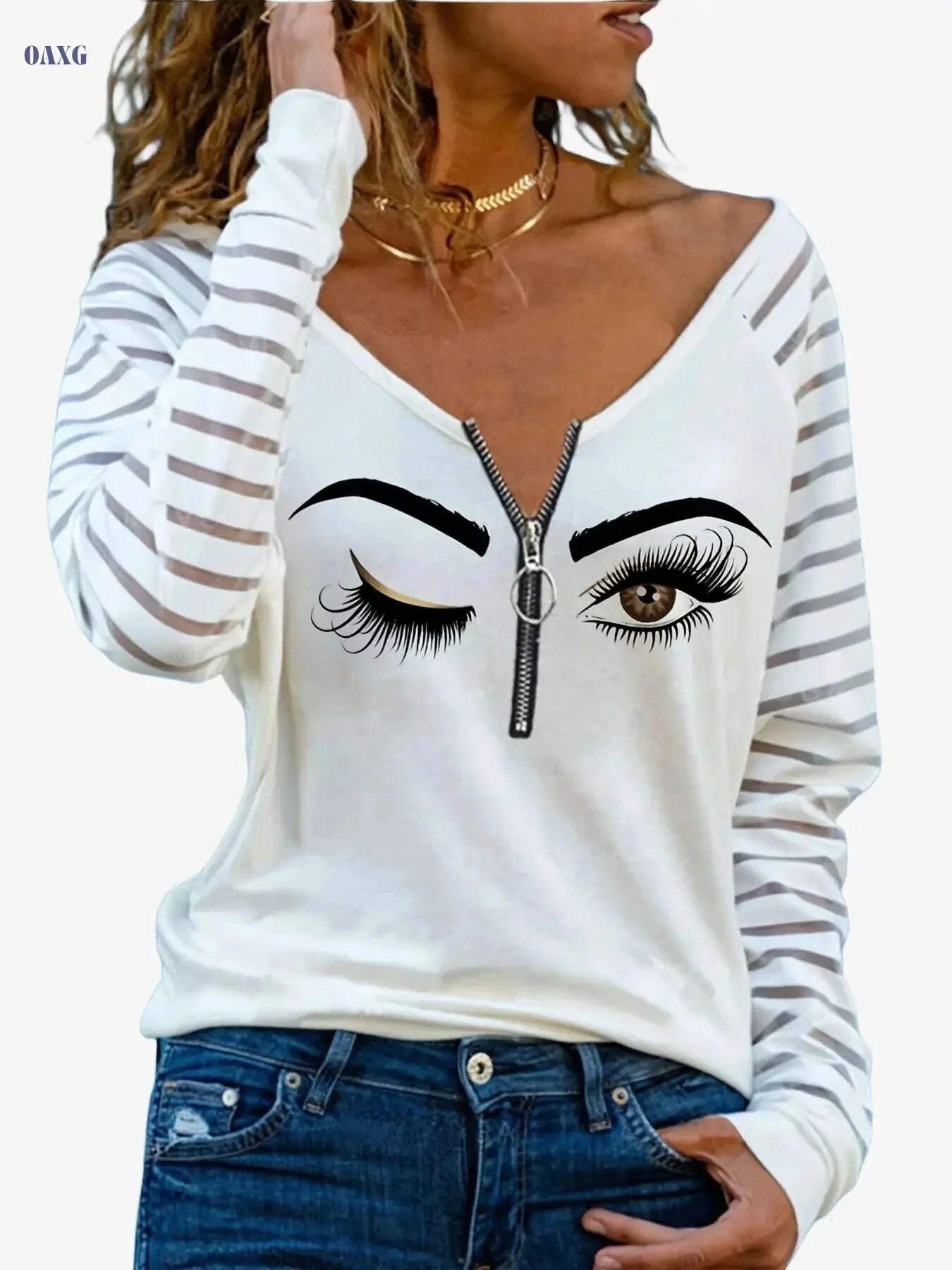 Women's Casual Half-Zip T-Shirt - Geometric Print Vacation Top   OAXG 