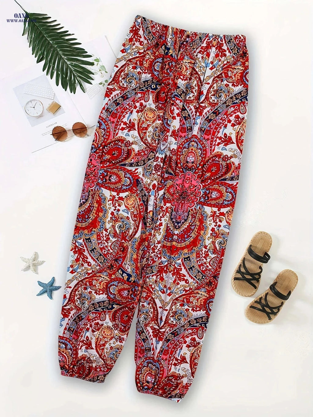 Women's Casual Harem Pants - High Elastic Waist & Bohemian Print   OAXG Multicolor / XS