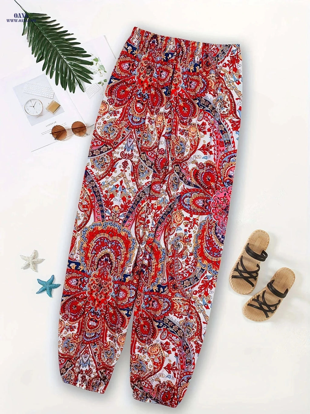 Women's Casual Harem Pants - High Elastic Waist & Bohemian Print   OAXG Multicolor / XS