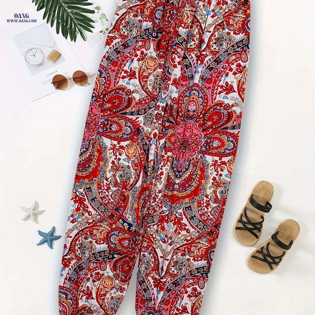 Women's Casual Harem Pants - High Elastic Waist & Bohemian Print   OAXG Multicolor / XS