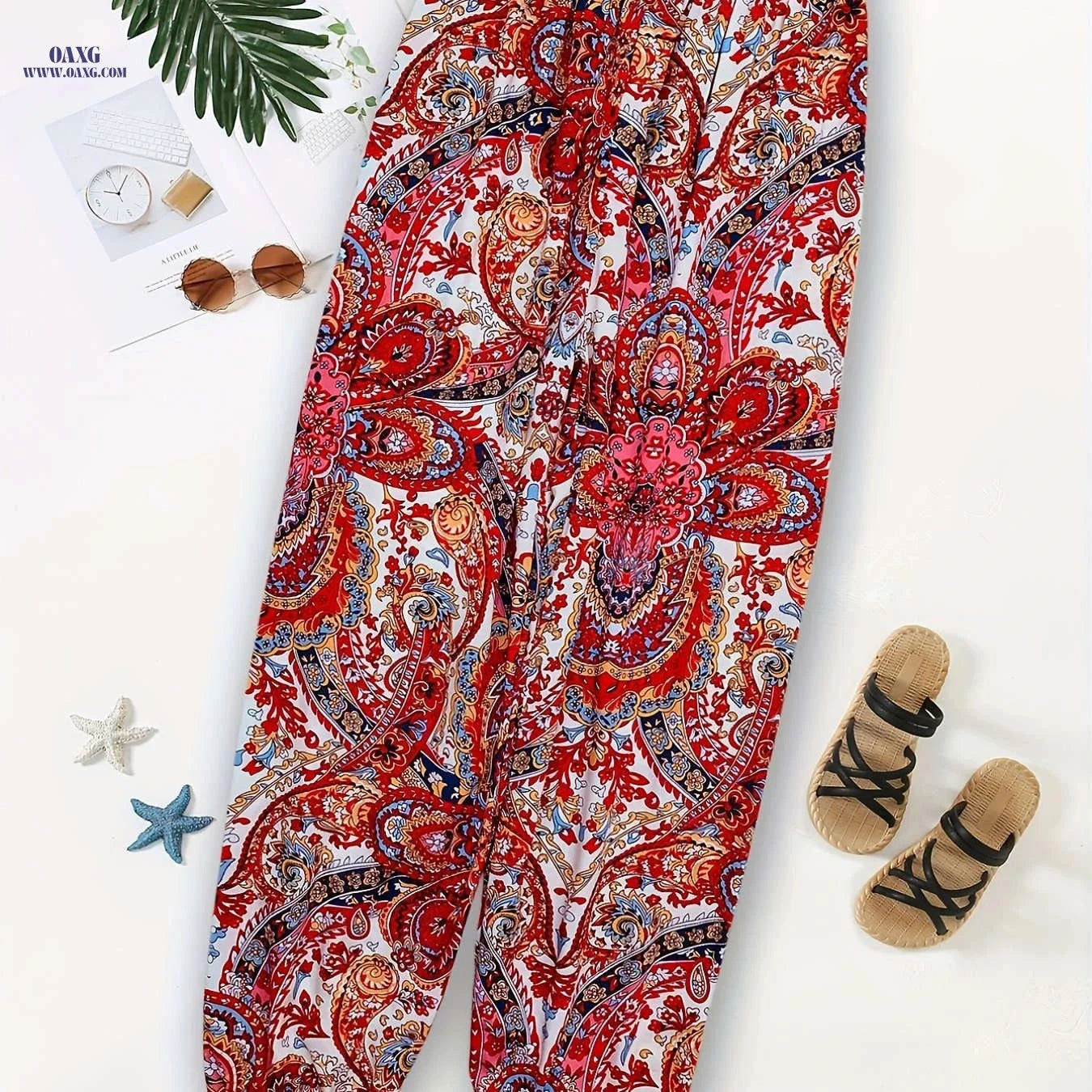 Women's Casual Harem Pants - High Elastic Waist & Bohemian Print   OAXG Multicolor / XS