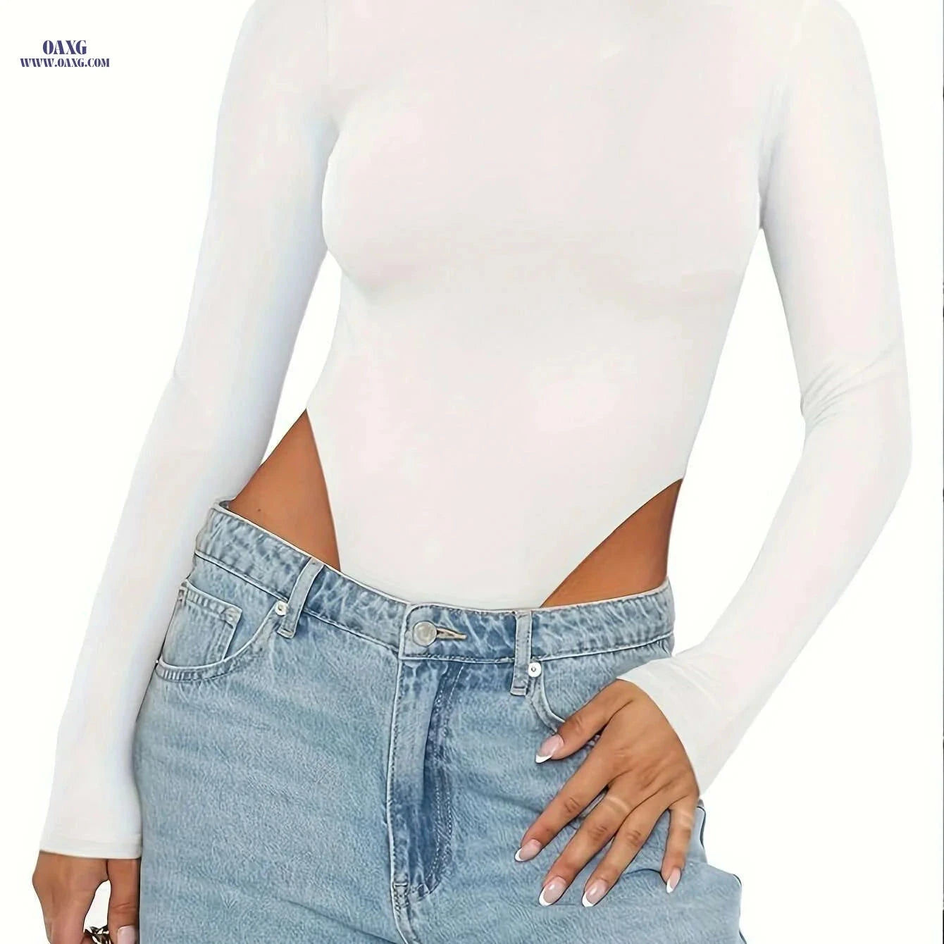 Women's Casual High Cut Mock Neck Bodysuit - Solid Polyester Style   OAXG 