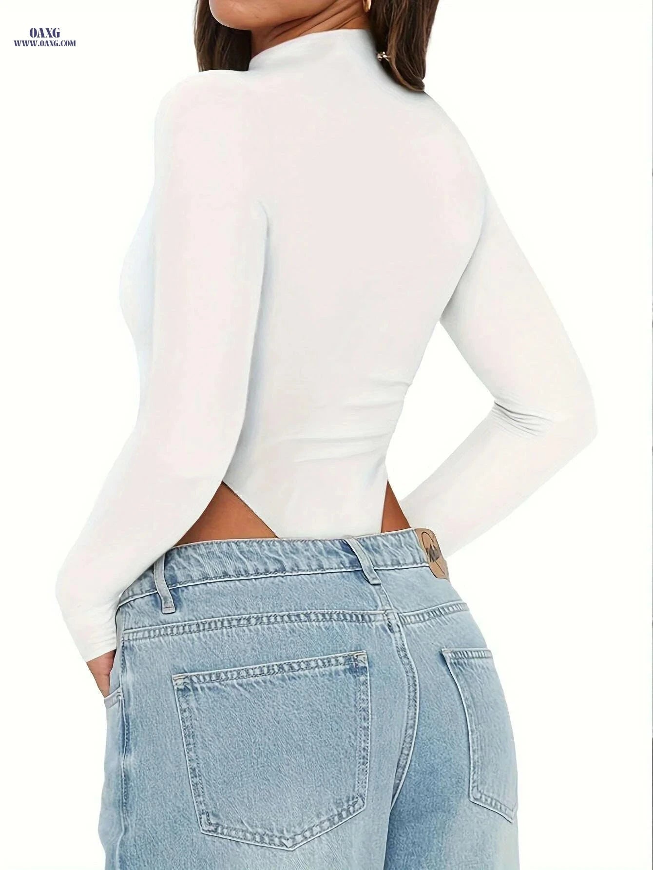 Women's Casual High Cut Mock Neck Bodysuit - Solid Polyester Style   OAXG 