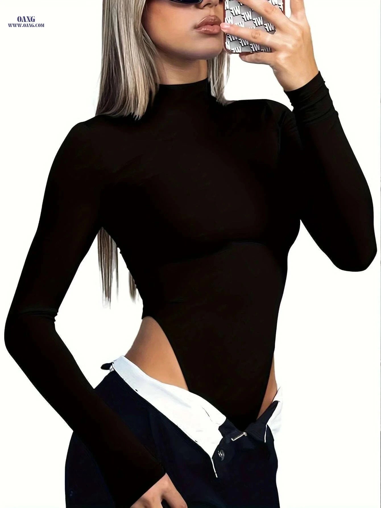 Women's Casual High Cut Mock Neck Bodysuit - Solid Polyester Style   OAXG White / S