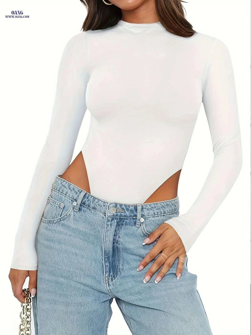 Women's Casual High Cut Mock Neck Bodysuit - Solid Polyester Style   OAXG White / S