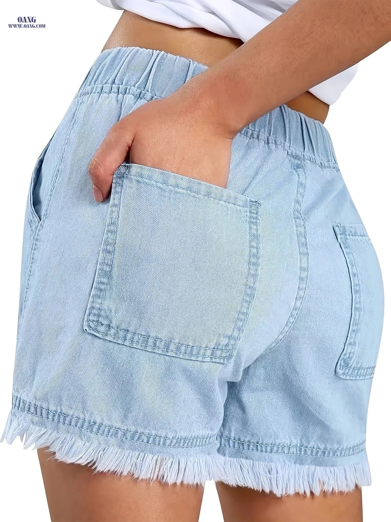 Women’s Casual High Stretch Denim Shorts - Raw Hem, Drawstring Waist   OAXG 