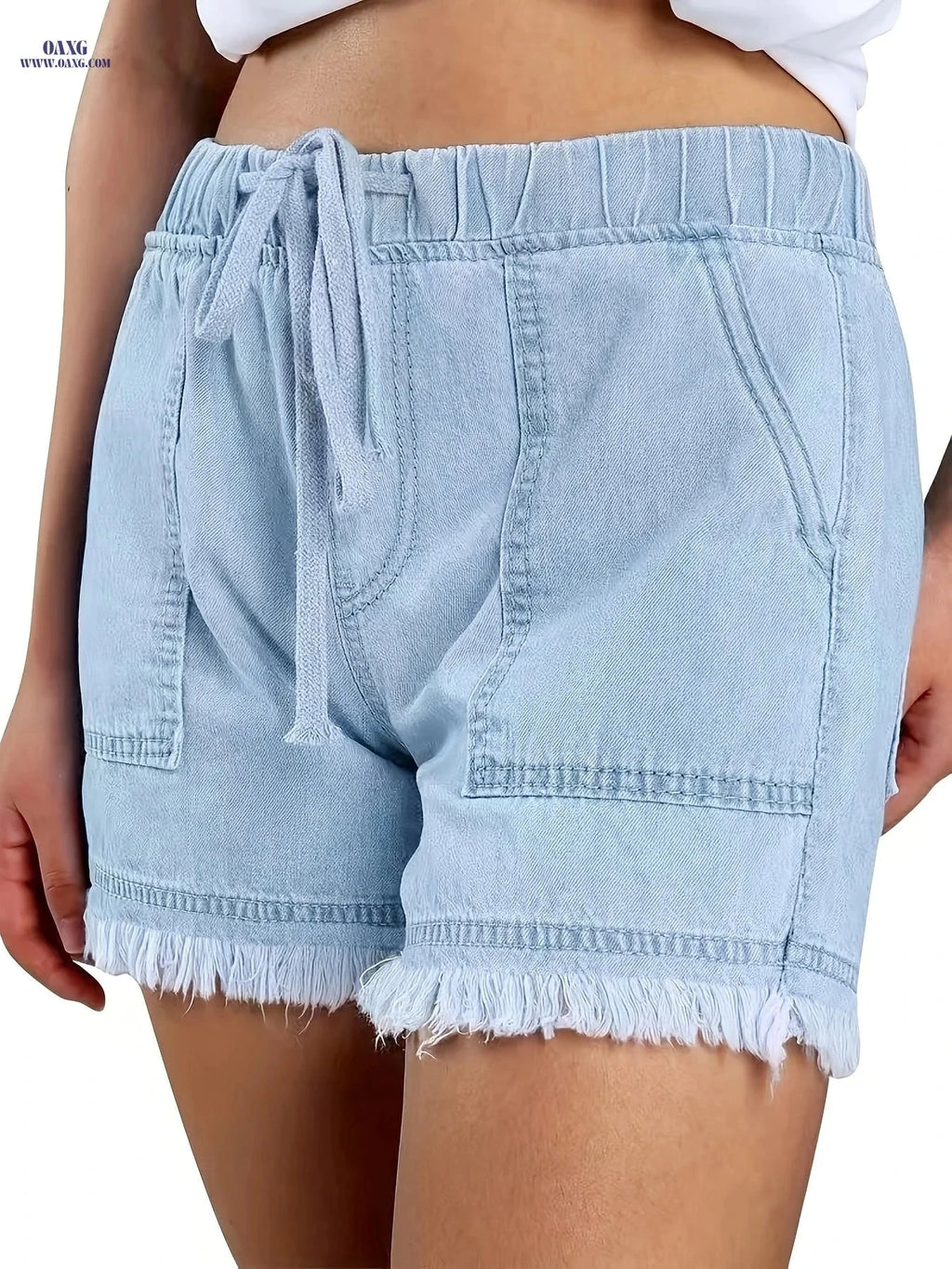 Women’s Casual High Stretch Denim Shorts - Raw Hem, Drawstring Waist   OAXG 