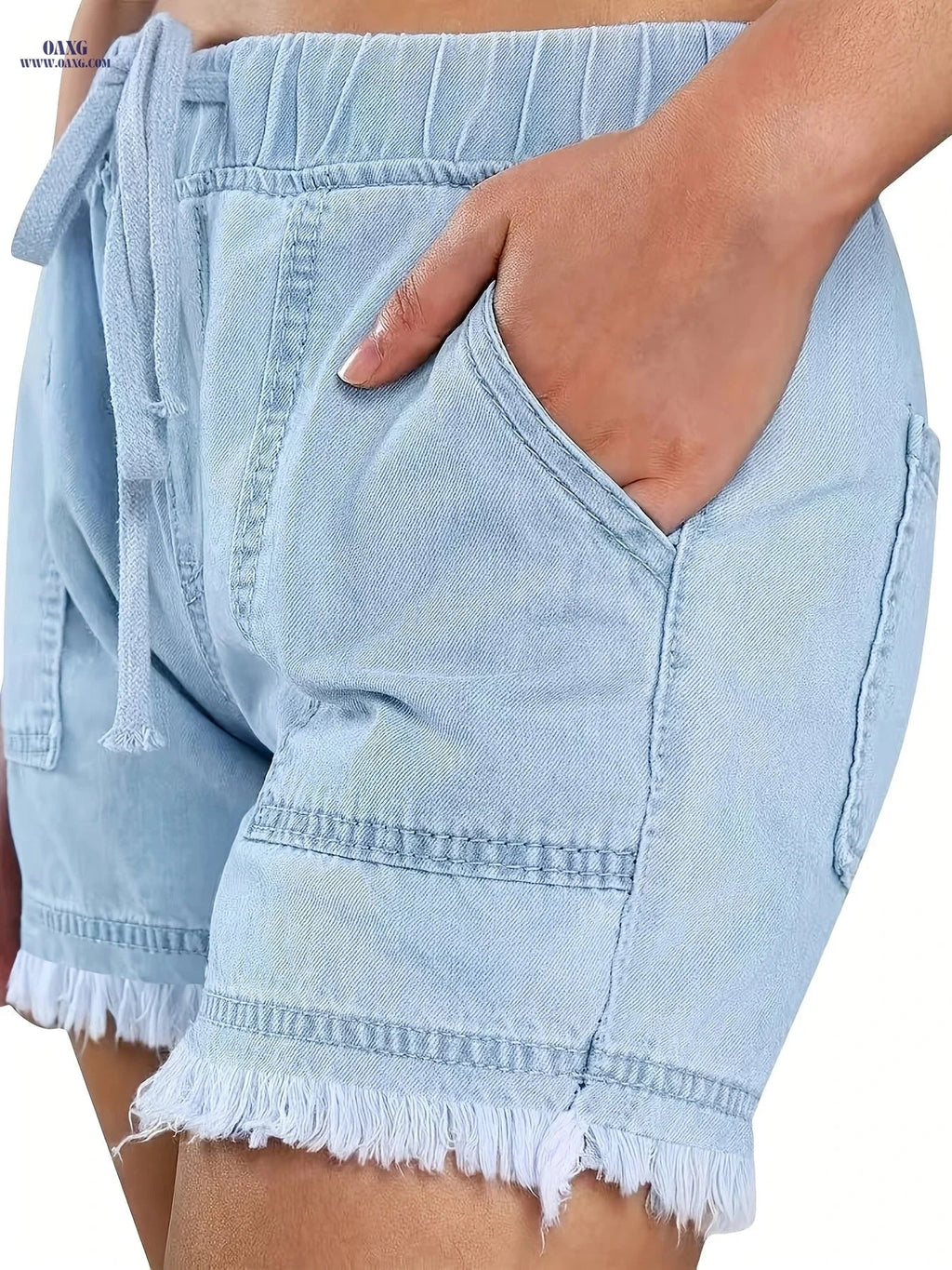 Women’s Casual High Stretch Denim Shorts - Raw Hem, Drawstring Waist   OAXG 