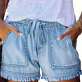 Women’s Casual High Stretch Denim Shorts - Raw Hem, Drawstring Waist   OAXG 