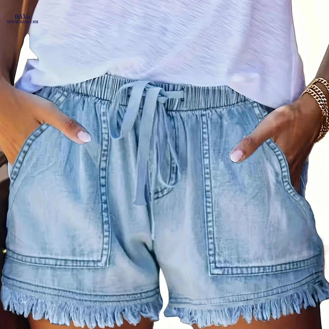 Women’s Casual High Stretch Denim Shorts - Raw Hem, Drawstring Waist   OAXG 