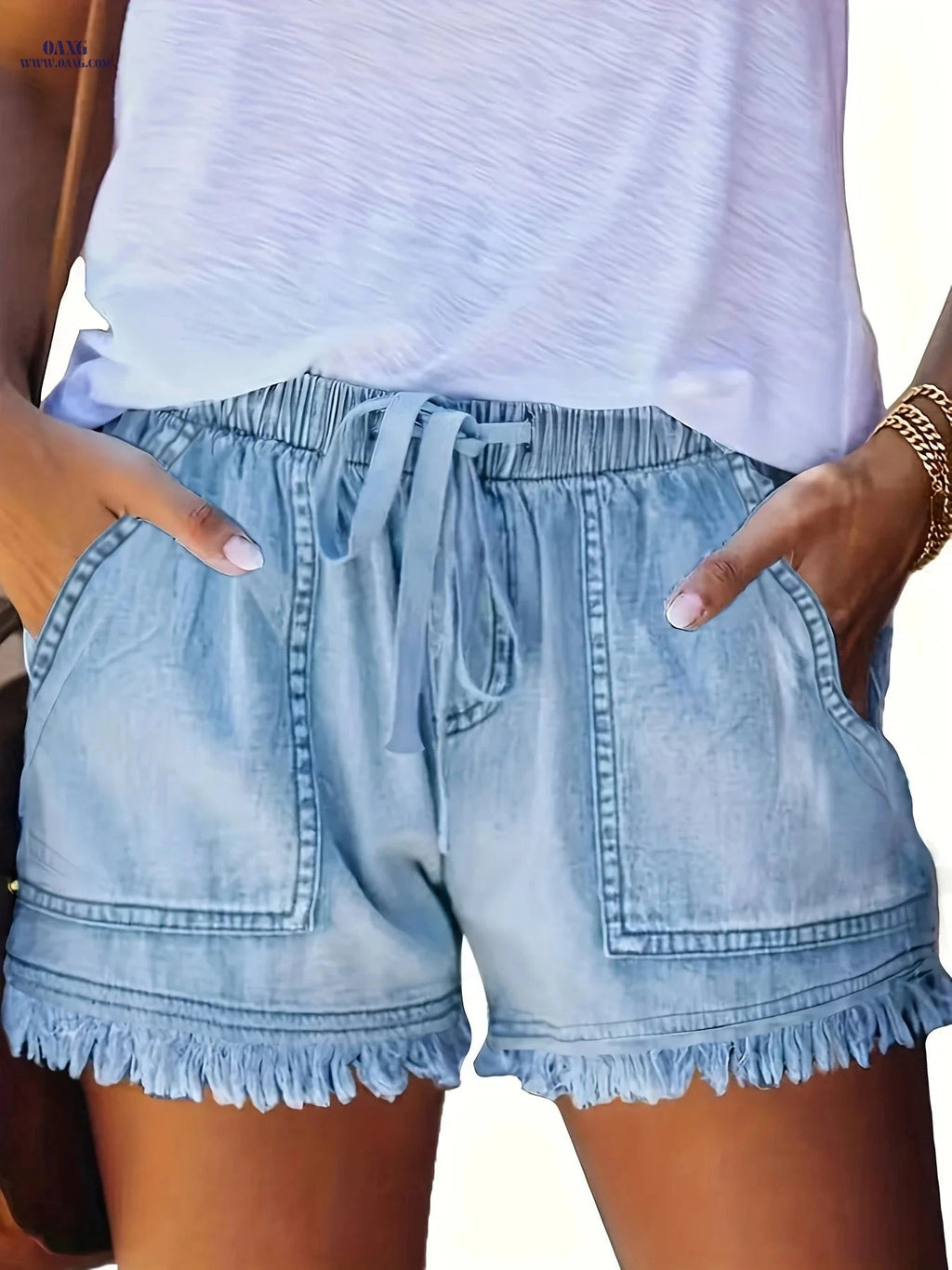 Women’s Casual High Stretch Denim Shorts - Raw Hem, Drawstring Waist   OAXG 
