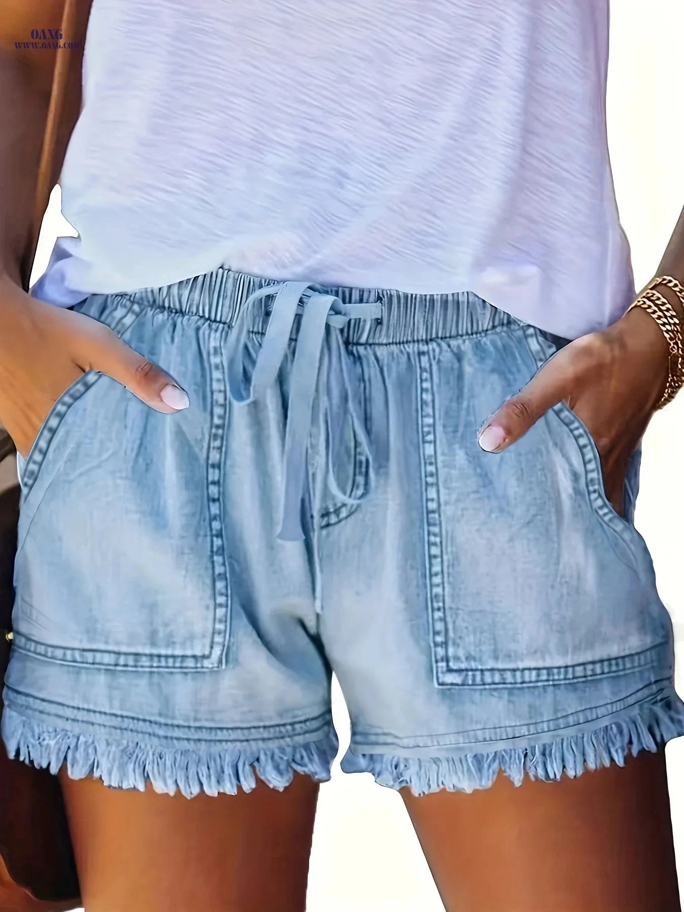 Women’s Casual High Stretch Denim Shorts - Raw Hem, Drawstring Waist   OAXG 