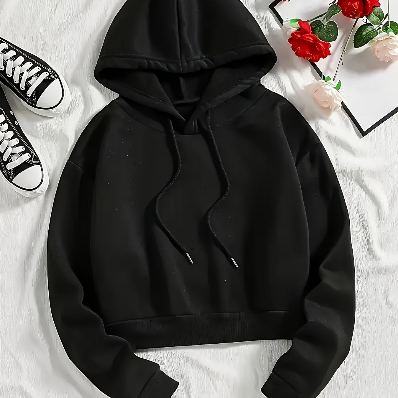 Women'S Casual Hooded Drawstring Long-Sleeved Fleece-Lined Versatile Skin-Friendly Autumn And Winter Sports Sweatshirt   OAXG Black / M