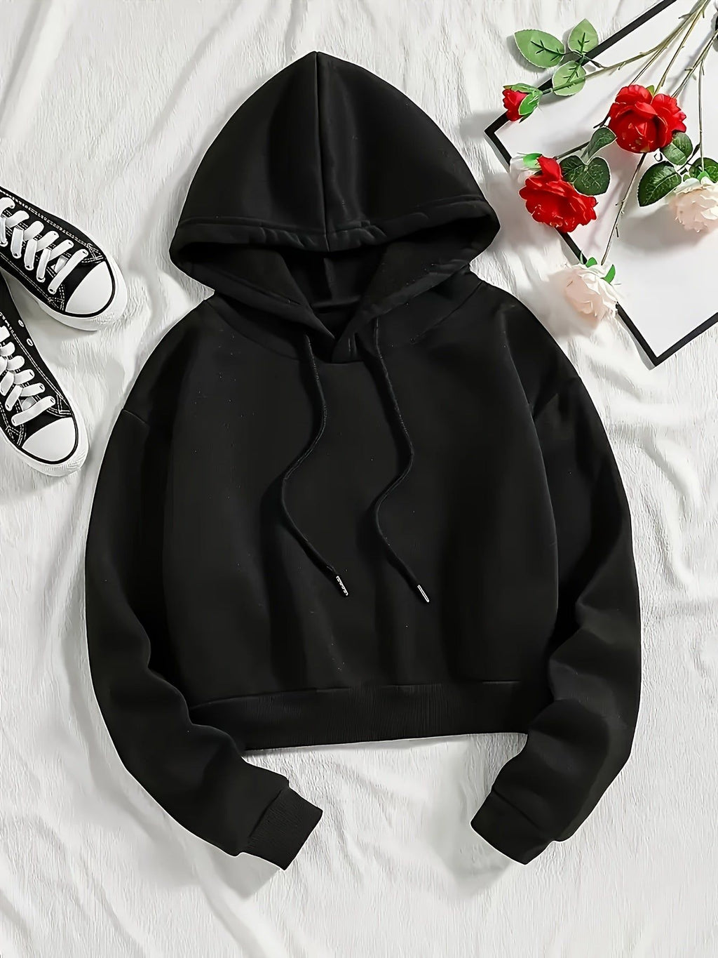 Women'S Casual Hooded Drawstring Long-Sleeved Fleece-Lined Versatile Skin-Friendly Autumn And Winter Sports Sweatshirt   OAXG Black / M