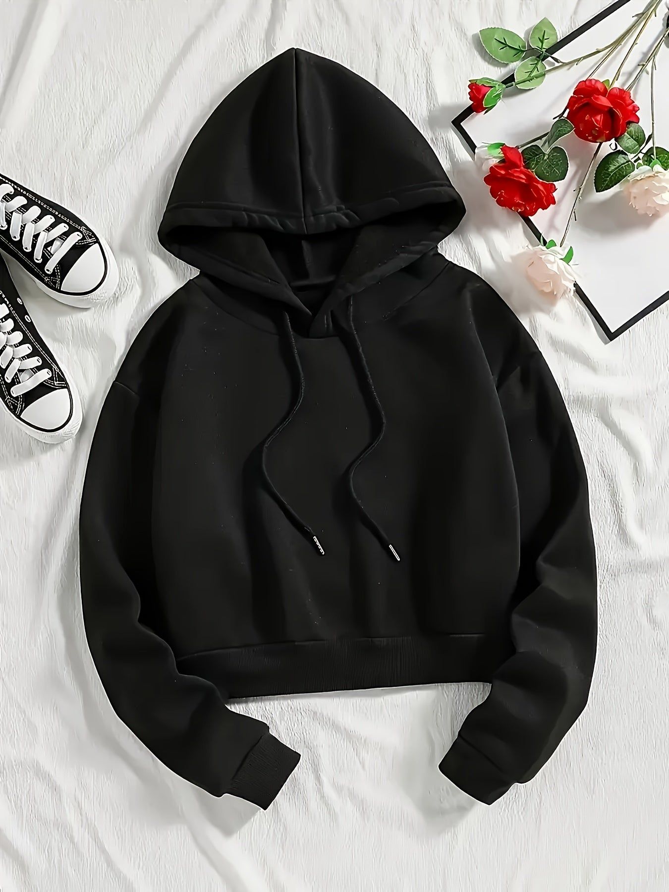 Women'S Casual Hooded Drawstring Long-Sleeved Fleece-Lined Versatile Skin-Friendly Autumn And Winter Sports Sweatshirt   OAXG Black / M