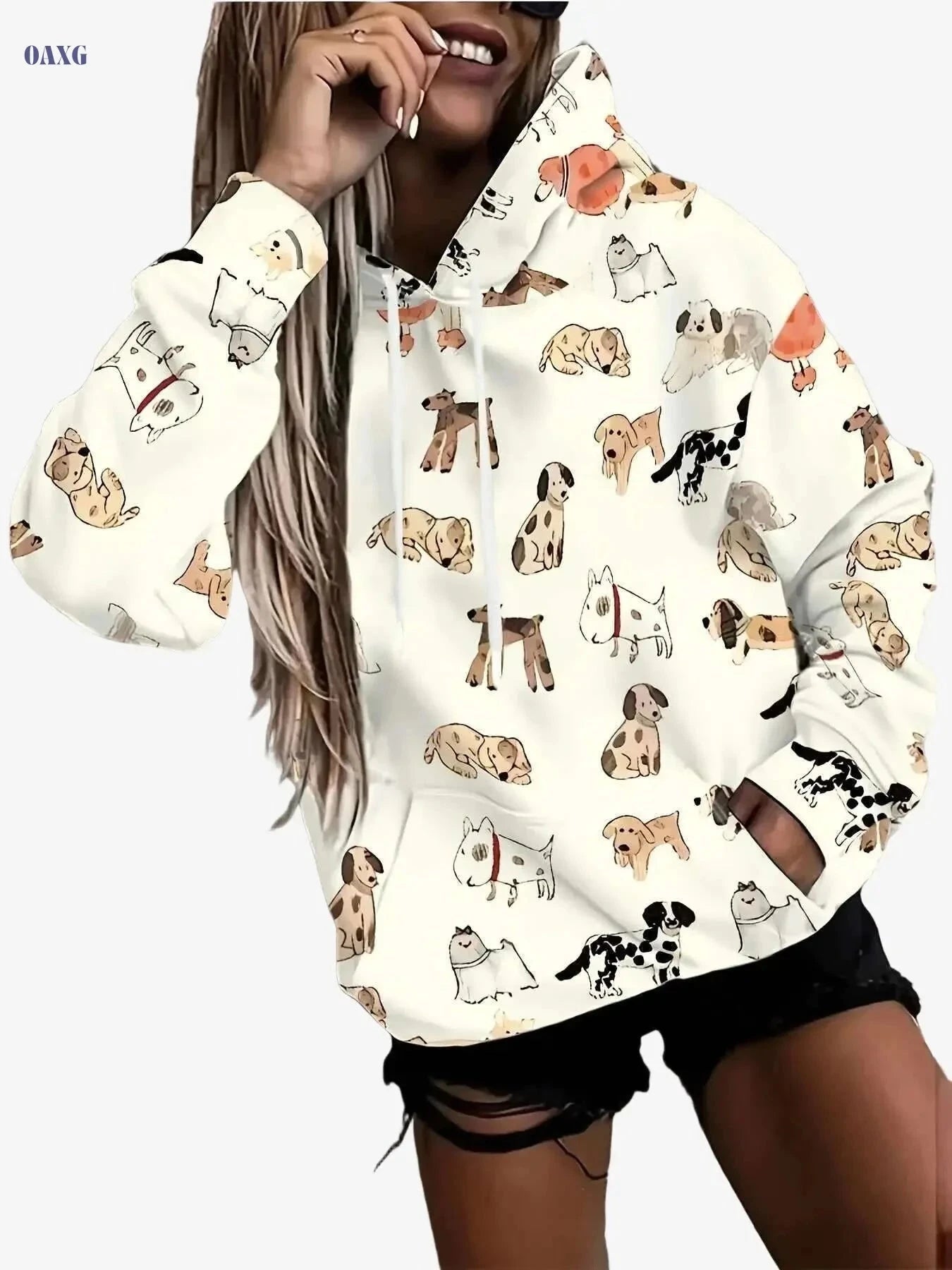 Women's Casual Hoodie - Geometric Dog Print, Machine Washable Pullover   OAXG Multicolor / S