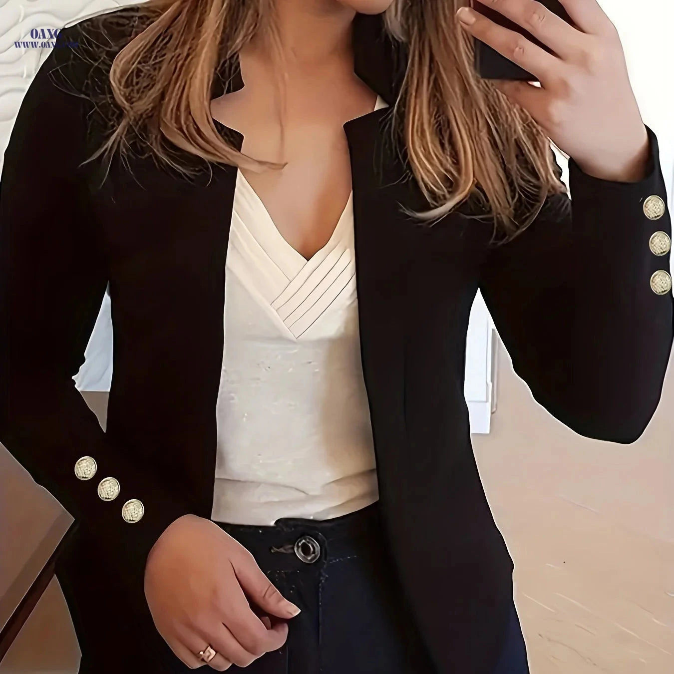 Women's Casual Long Sleeve Blazer - Solid Color Office Wear   OAXG Khaki / S