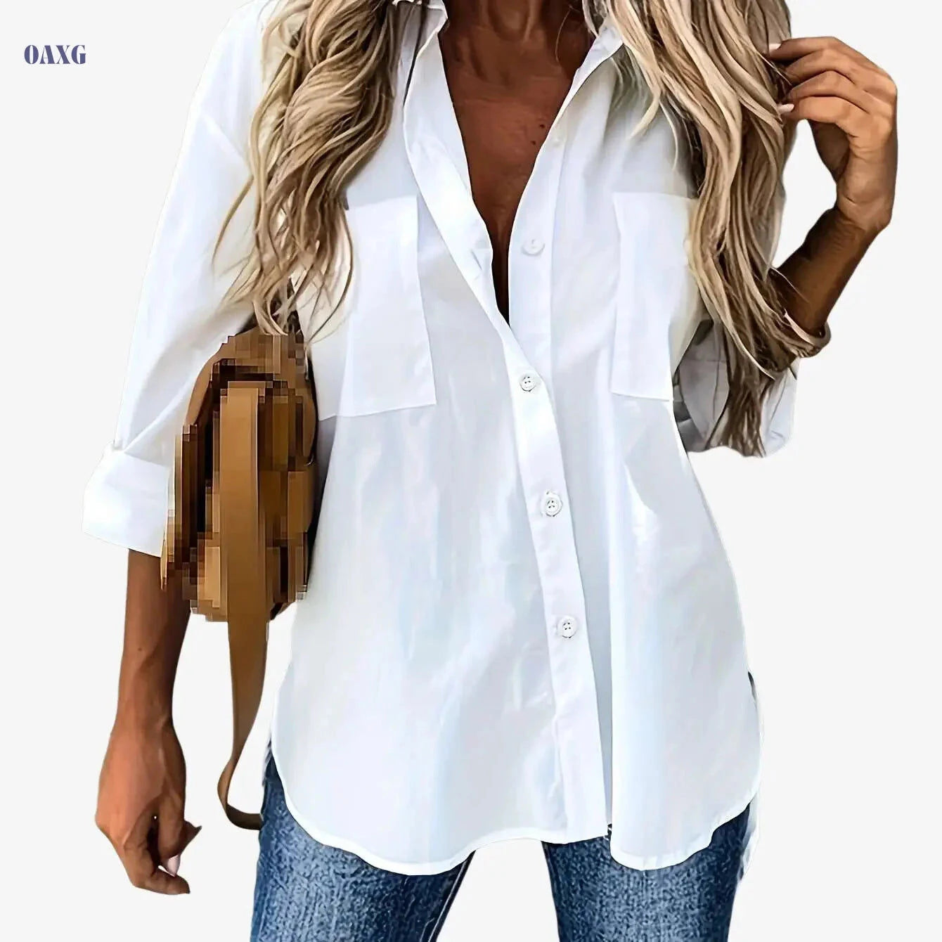 Women's Casual Long Sleeve Button-Up Shirt - Relaxed Fit, Solid Color   OAXG 