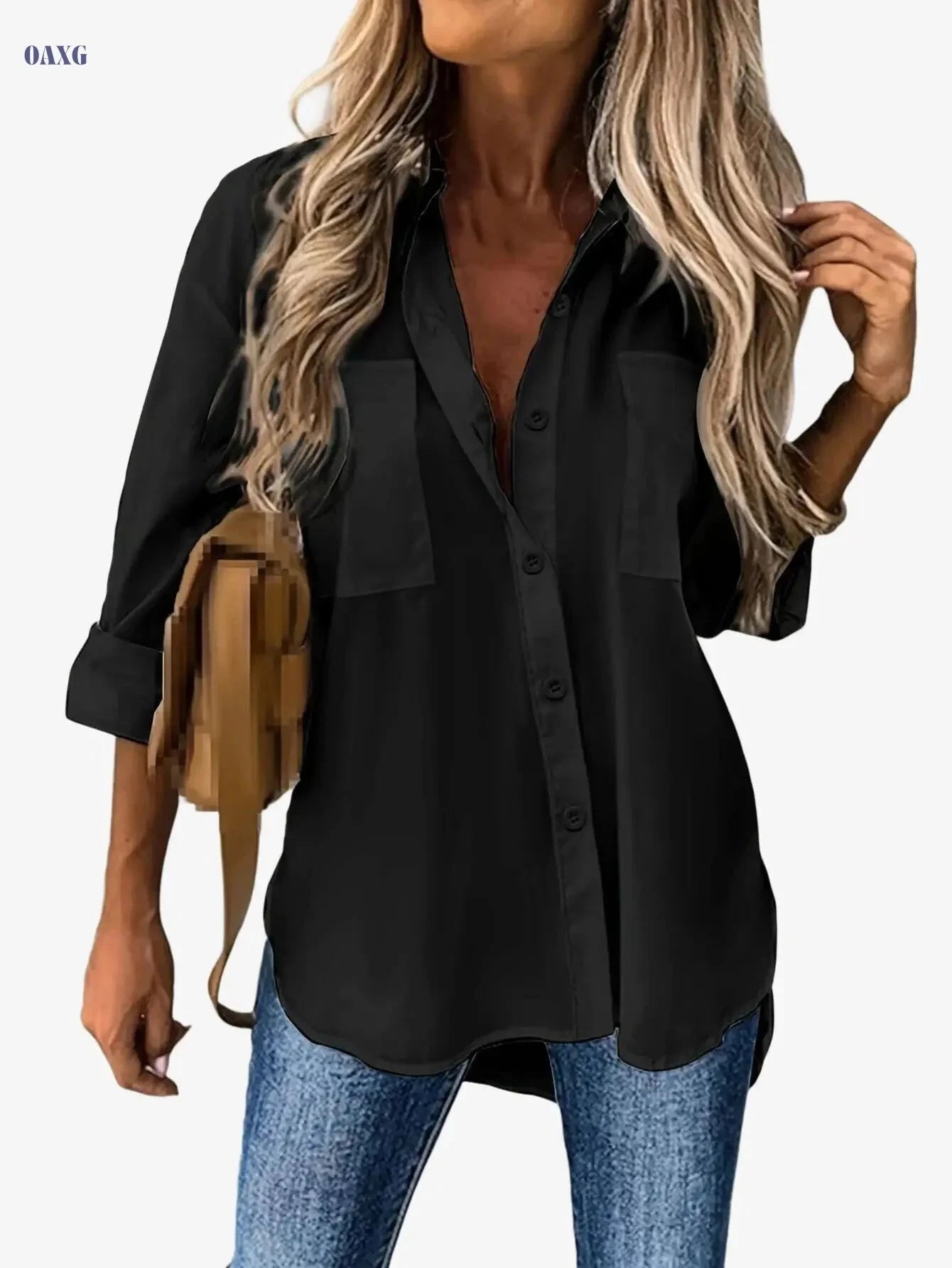 Women's Casual Long Sleeve Button-Up Shirt - Relaxed Fit, Solid Color   OAXG 