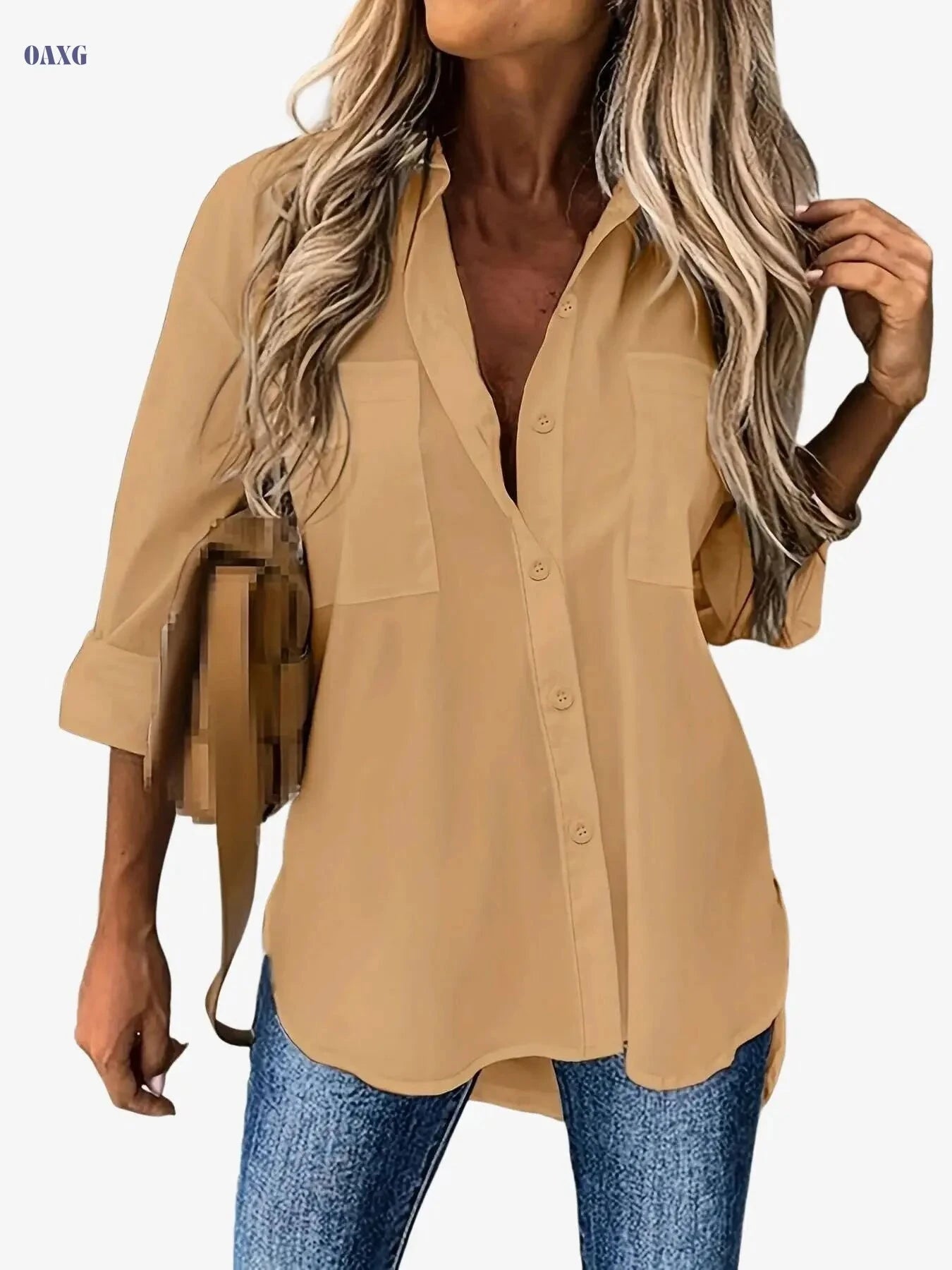 Women's Casual Long Sleeve Button-Up Shirt - Relaxed Fit, Solid Color   OAXG White / S