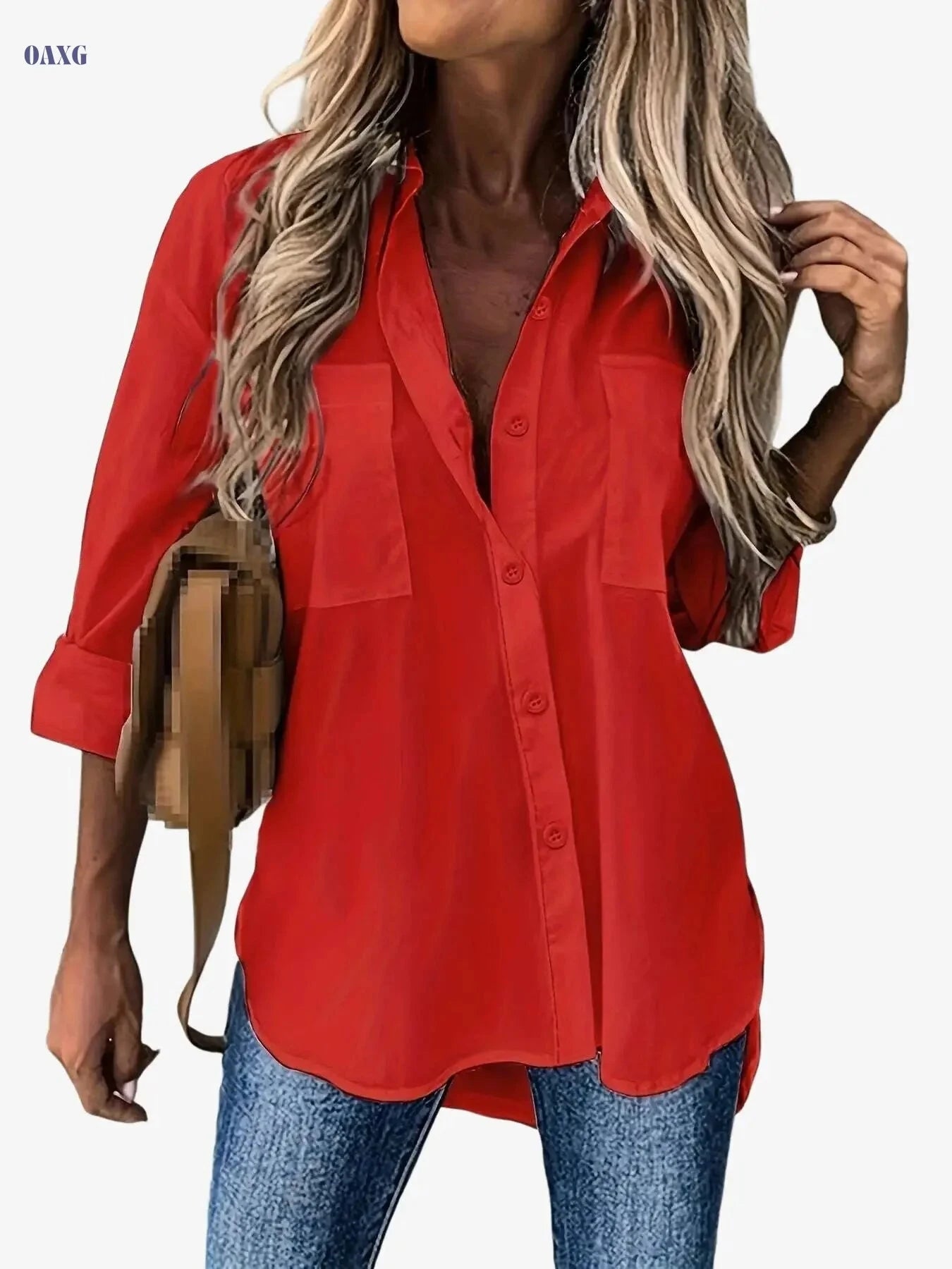 Women's Casual Long Sleeve Button-Up Shirt - Relaxed Fit, Solid Color   OAXG White / S