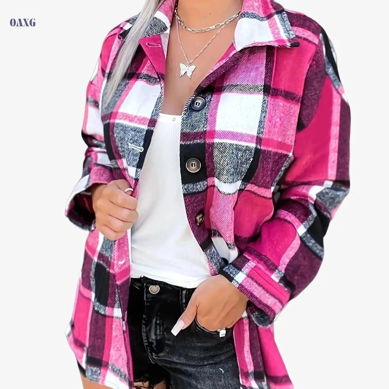 Women's Casual Long Sleeve Polo Shirt - Gingham Print for Fall   OAXG Mixed Color / S
