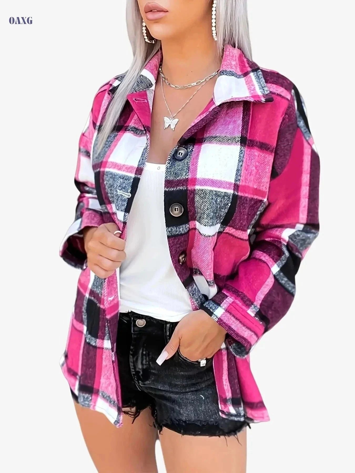 Women's Casual Long Sleeve Polo Shirt - Gingham Print for Fall   OAXG Mixed Color / S