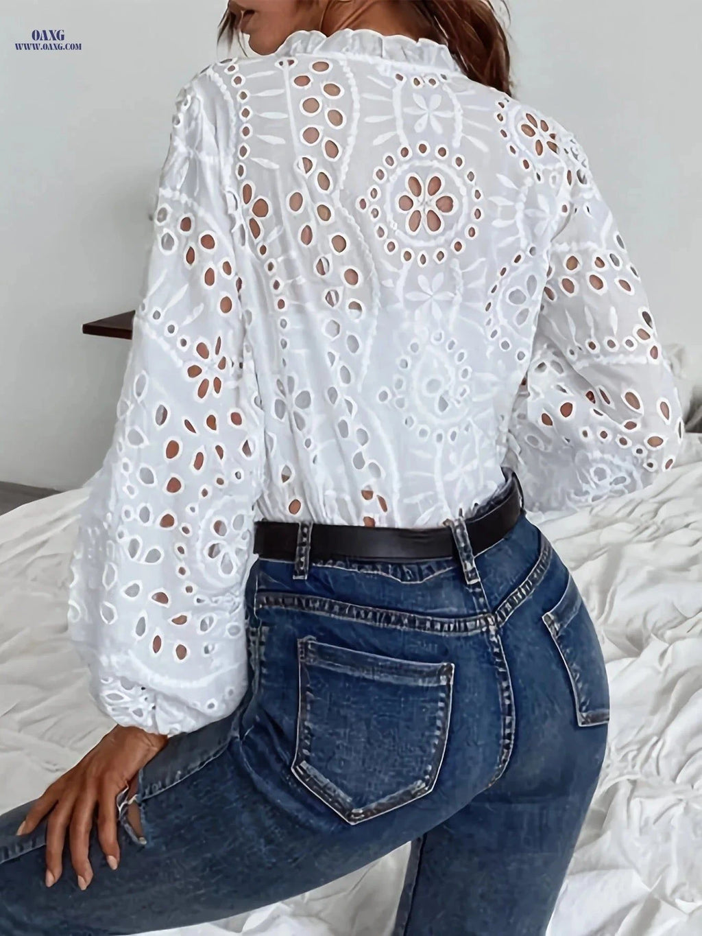 Women's Casual Long-Sleeve Shirt - Embroidered Lace, Semi-Sheer   OAXG White / S