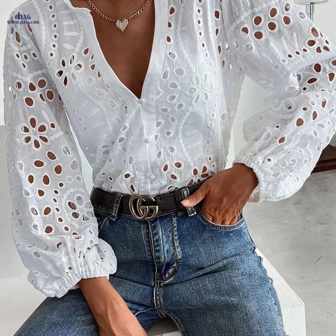 Women's Casual Long-Sleeve Shirt - Embroidered Lace, Semi-Sheer   OAXG White / S
