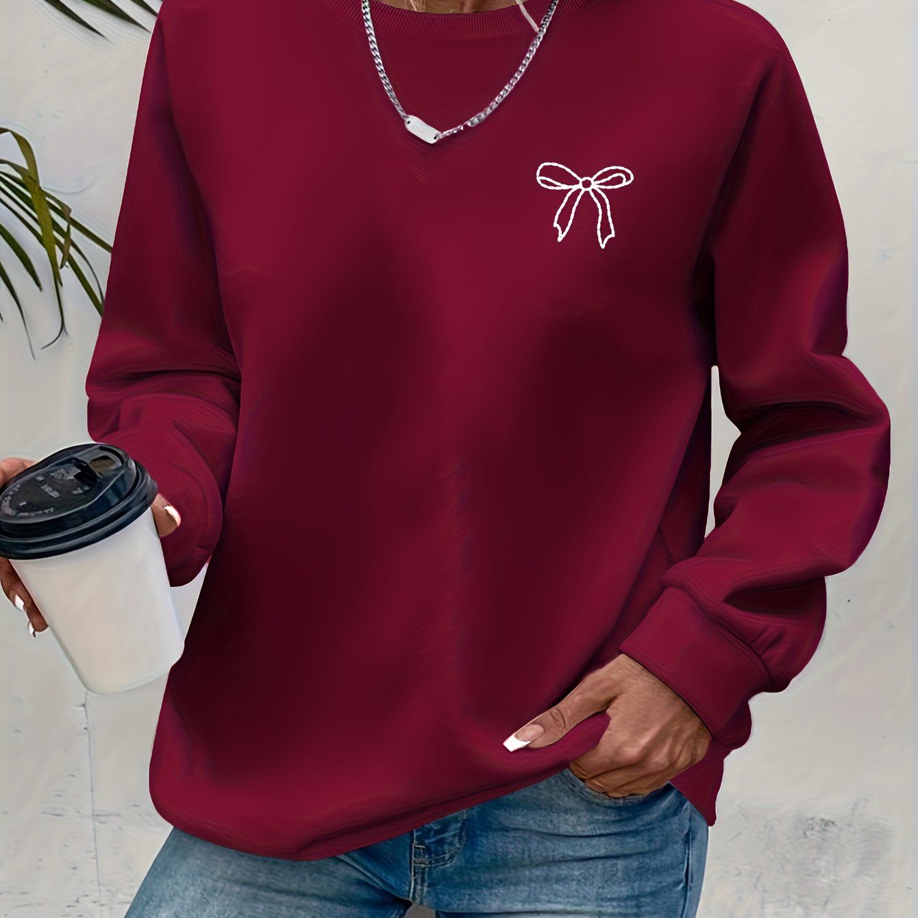 Women'S Casual Long-Sleeve Sweatshirt - Features a Bow Element Print Design, Round Neck, Suitable for Autumn And Winter, Regular Fit | Soft And Comfortable, a Must-Have for Everyday Wear, Machine Washable, Women'S Clothing   OAXG Coffee Brown /