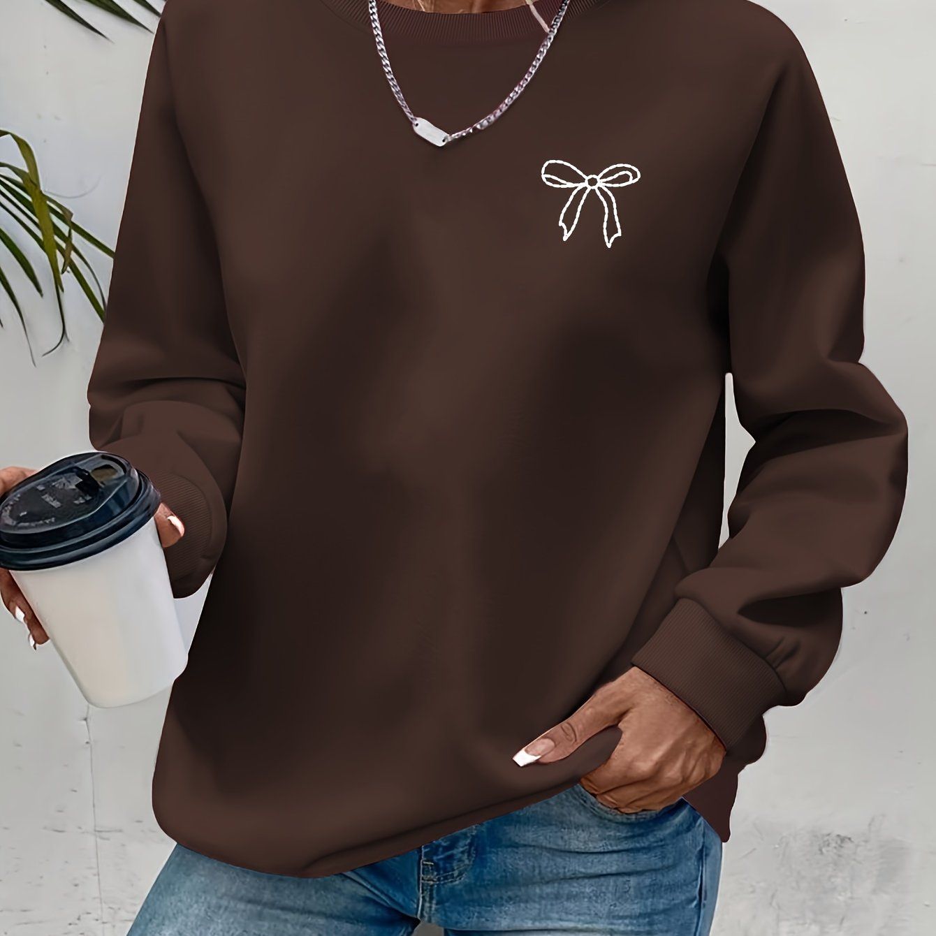 Women'S Casual Long-Sleeve Sweatshirt - Features a Bow Element Print Design, Round Neck, Suitable for Autumn And Winter, Regular Fit | Soft And Comfortable, a Must-Have for Everyday Wear, Machine Washable, Women'S Clothing   OAXG Coffee Brown /