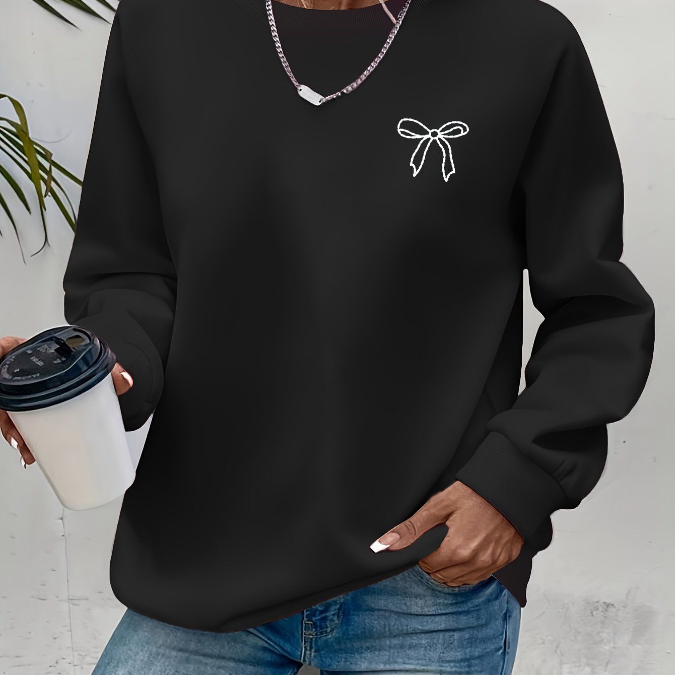 Women'S Casual Long-Sleeve Sweatshirt - Features a Bow Element Print Design, Round Neck, Suitable for Autumn And Winter, Regular Fit | Soft And Comfortable, a Must-Have for Everyday Wear, Machine Washable, Women'S Clothing   OAXG Coffee Brown /