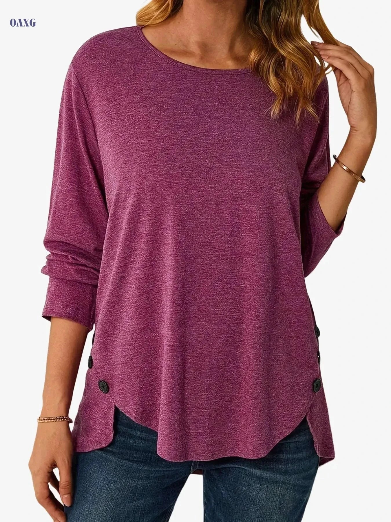 Women’s Casual Long Sleeve T-Shirt - Asymmetrical Hem & Button Details   OAXG 