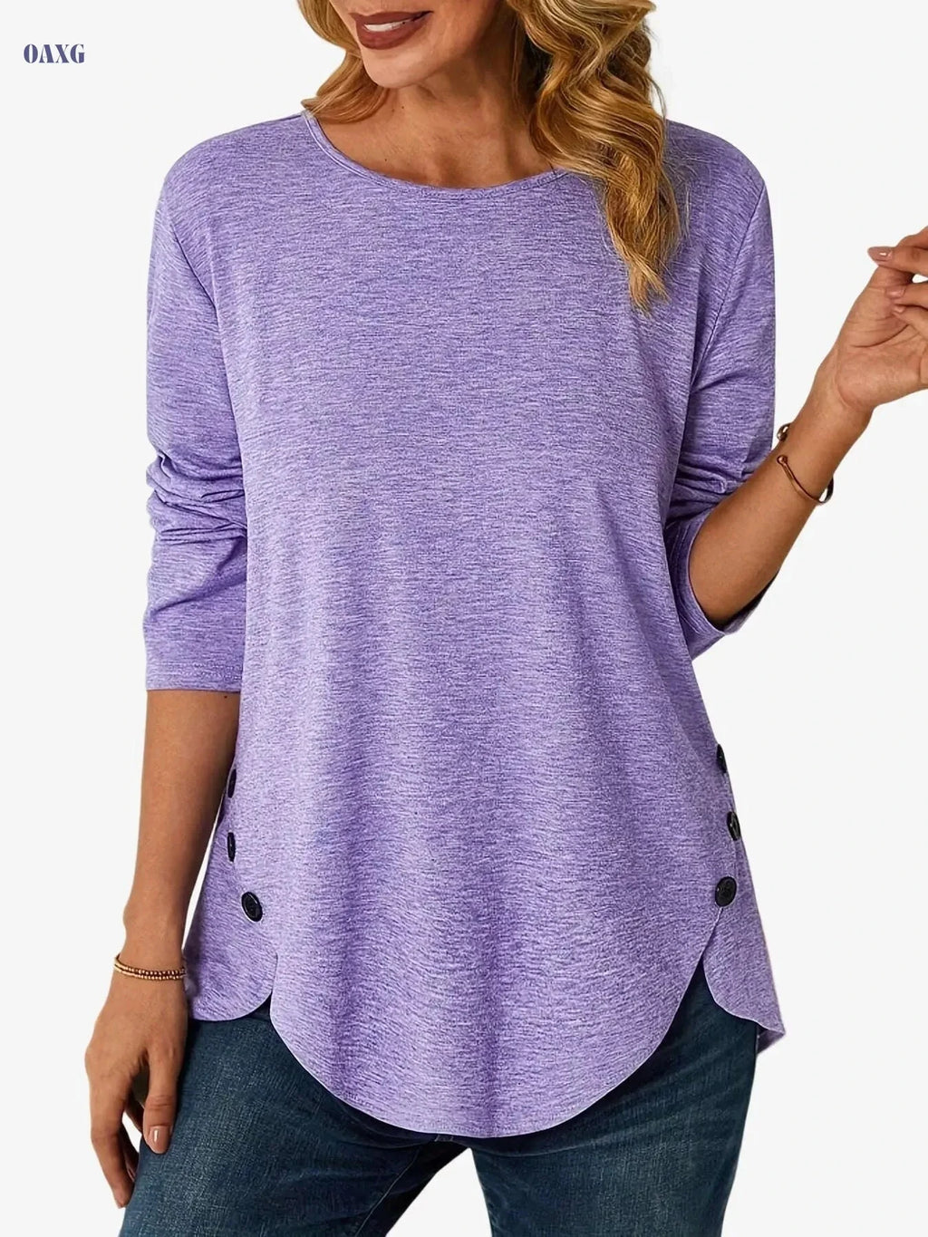 Women’s Casual Long Sleeve T-Shirt - Asymmetrical Hem & Button Details   OAXG 