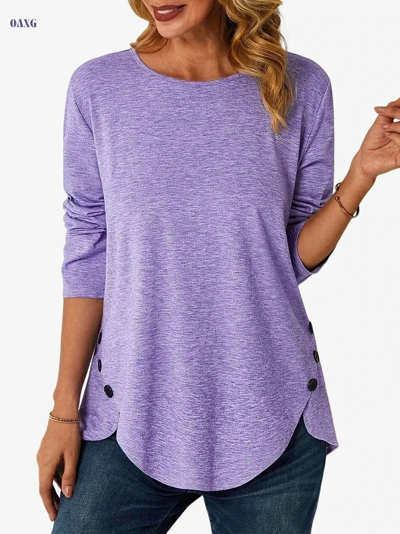Women’s Casual Long Sleeve T-Shirt - Asymmetrical Hem & Button Details   OAXG 