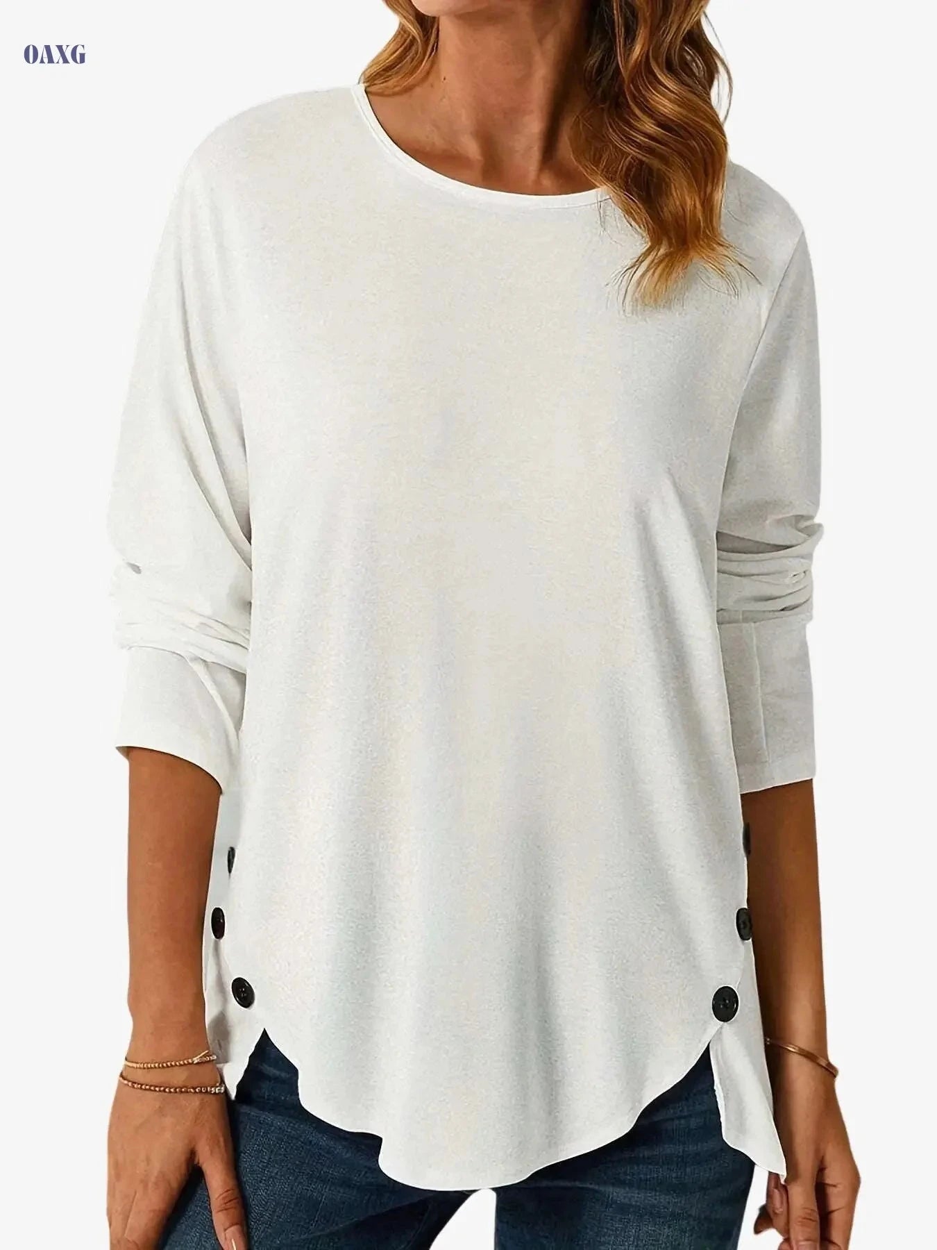 Women’s Casual Long Sleeve T-Shirt - Asymmetrical Hem & Button Details   OAXG White / S