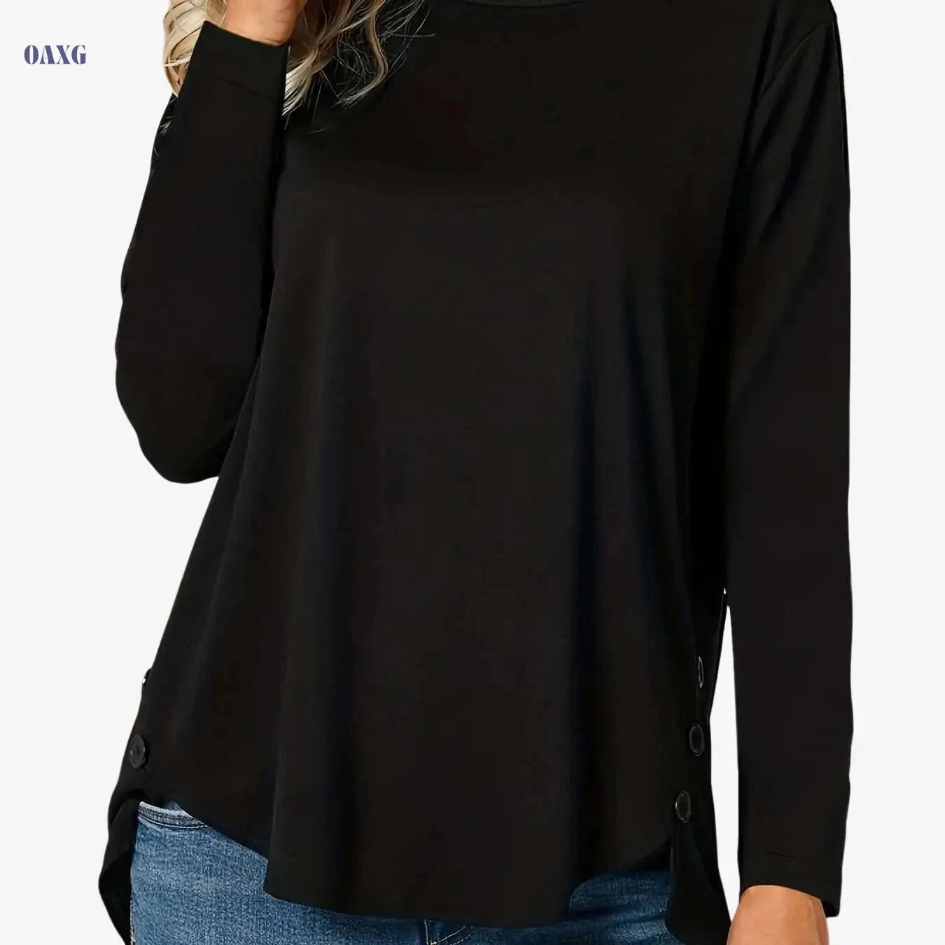 Women’s Casual Long Sleeve T-Shirt - Asymmetrical Hem & Button Details   OAXG White / S