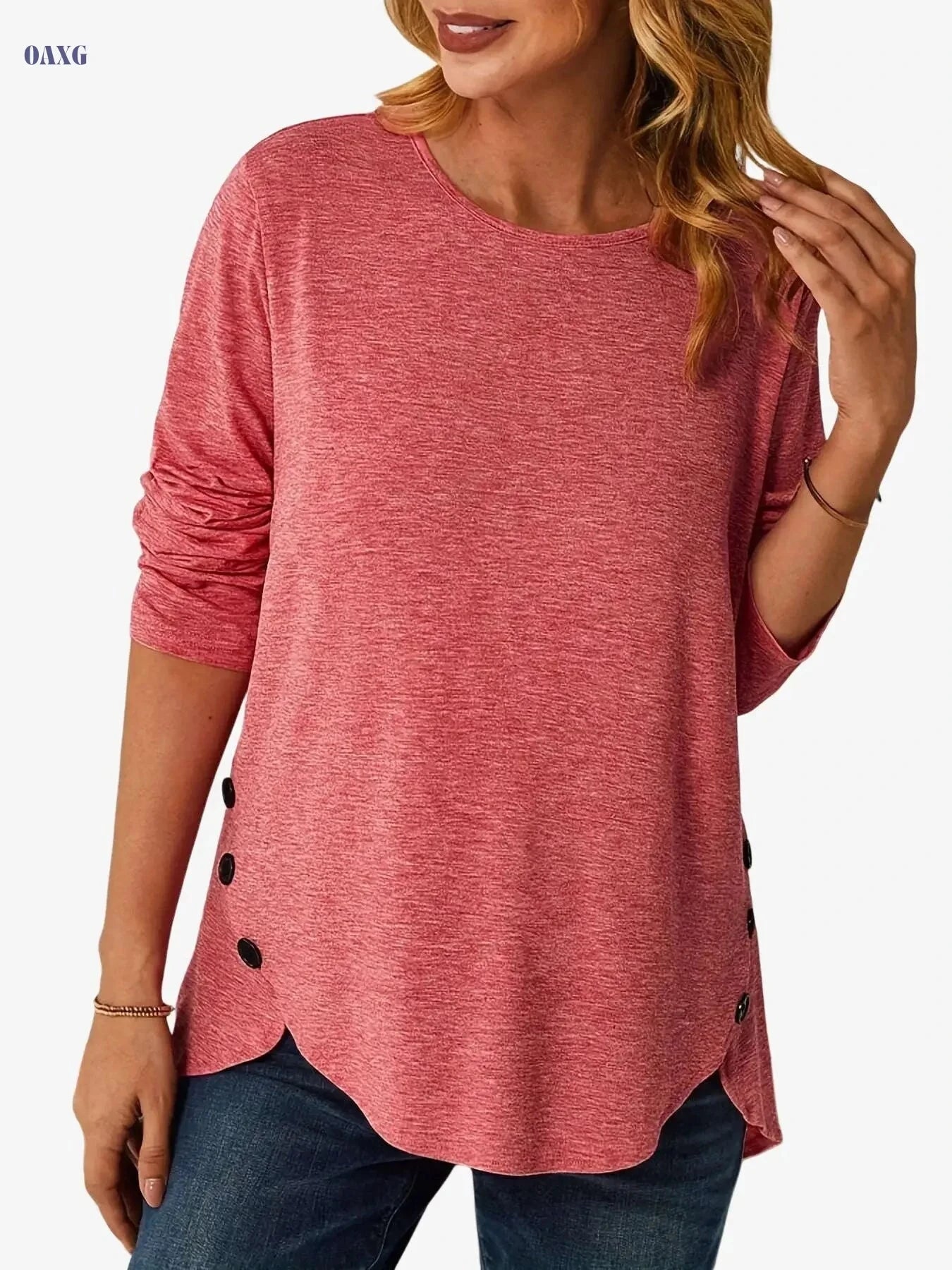 Women’s Casual Long Sleeve T-Shirt - Asymmetrical Hem & Button Details   OAXG White / S