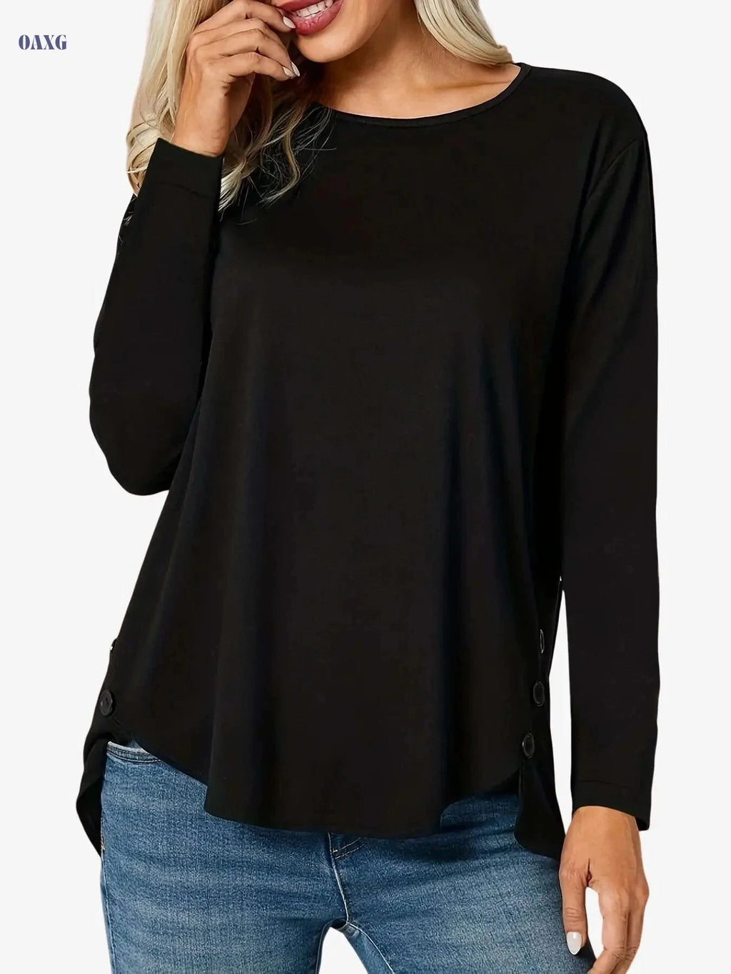 Women’s Casual Long Sleeve T-Shirt - Asymmetrical Hem & Button Details   OAXG White / S