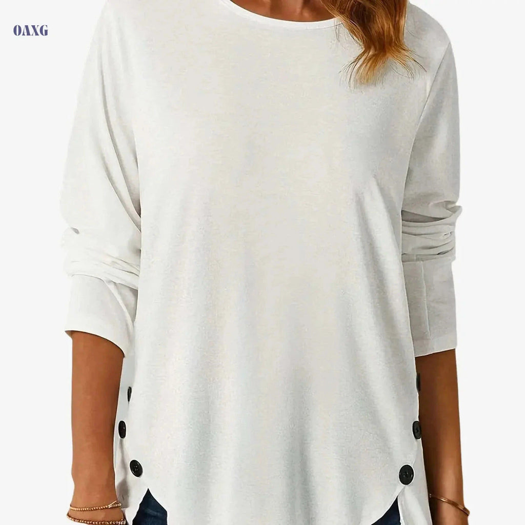 Women’s Casual Long Sleeve T-Shirt - Asymmetrical Hem & Button Details   OAXG White / S