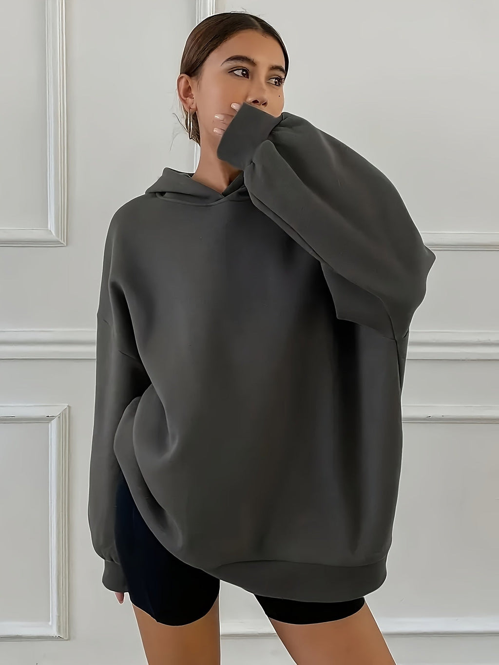 Women'S Casual Loose Hooded Sweatshirt - Autumn And Winter Comfortable Fleece Lined Pullover, Solid Color Loose Fit   OAXG Light Grey / S